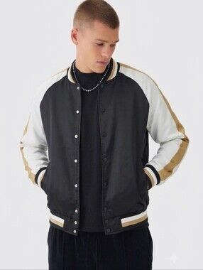 NWT boohooMAN Satin Bomber Varsity Jacket Black Gold M